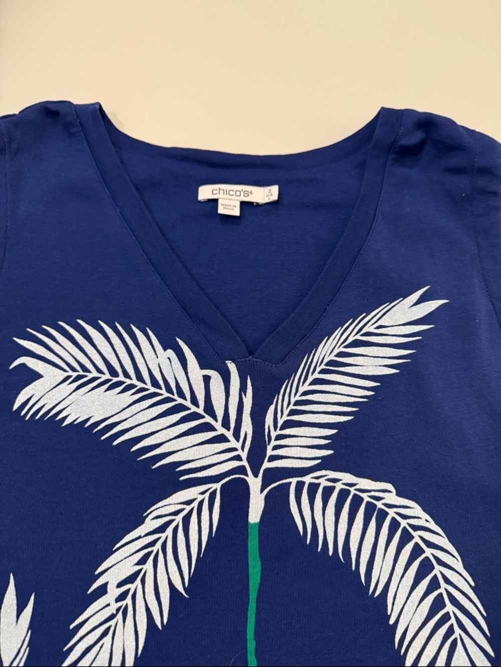 Chico's Navy Palm-Print V-Neck Tank with Tropical Print - Picture 4 of 13